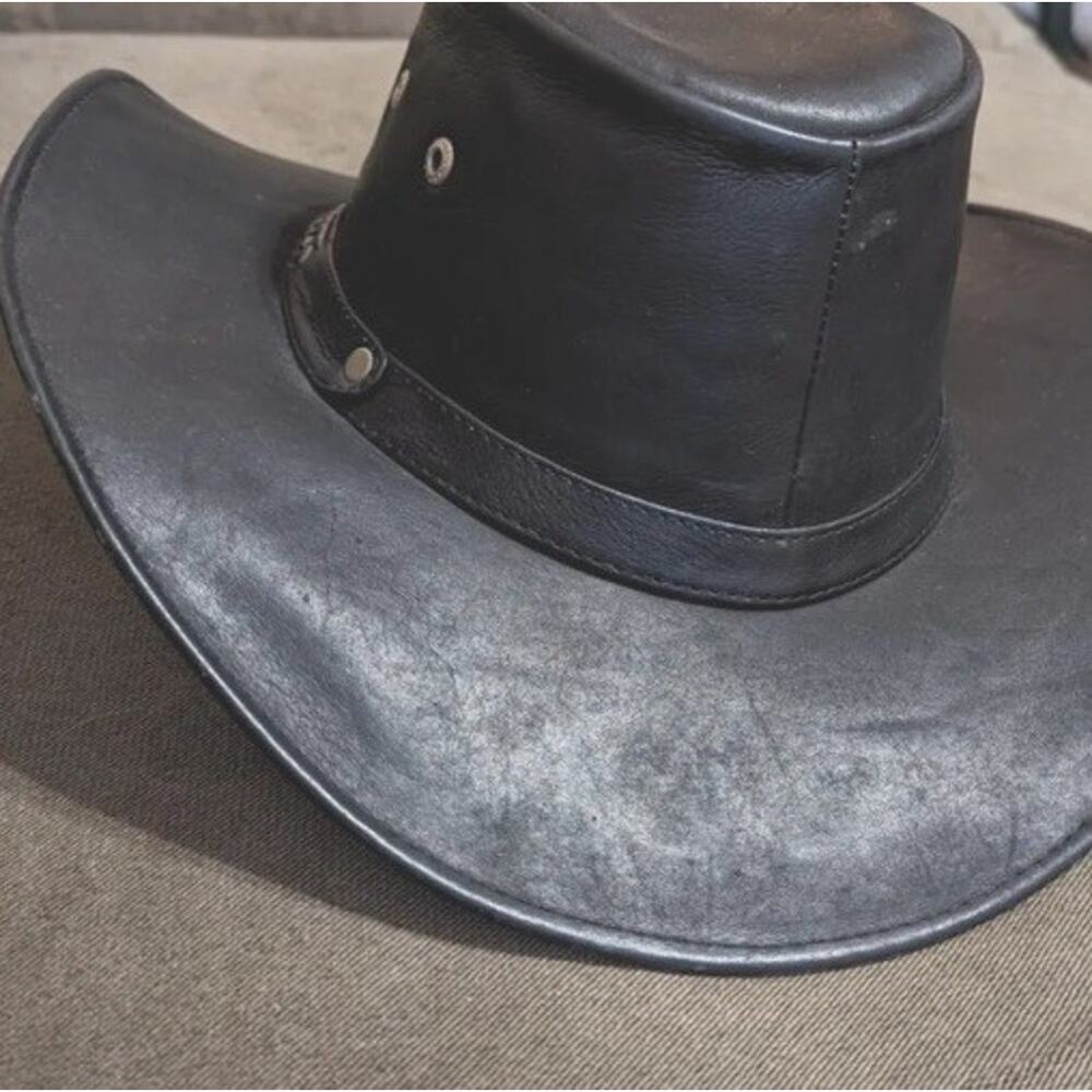 Genuine Leather Outback Cowboy Hat Black Western Biker Rancher Aussie Boho Vtg - Picture 3 of 6